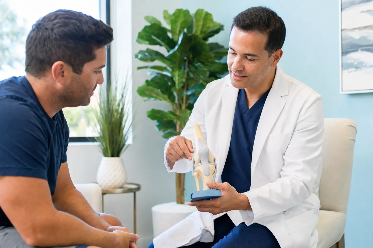 A surgeon explaining a procedure to a patient using a knee model