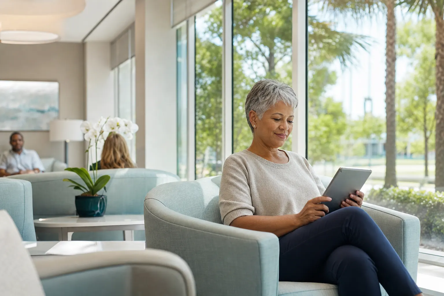 A family member waiting comfortably in a sunlit waiting area
