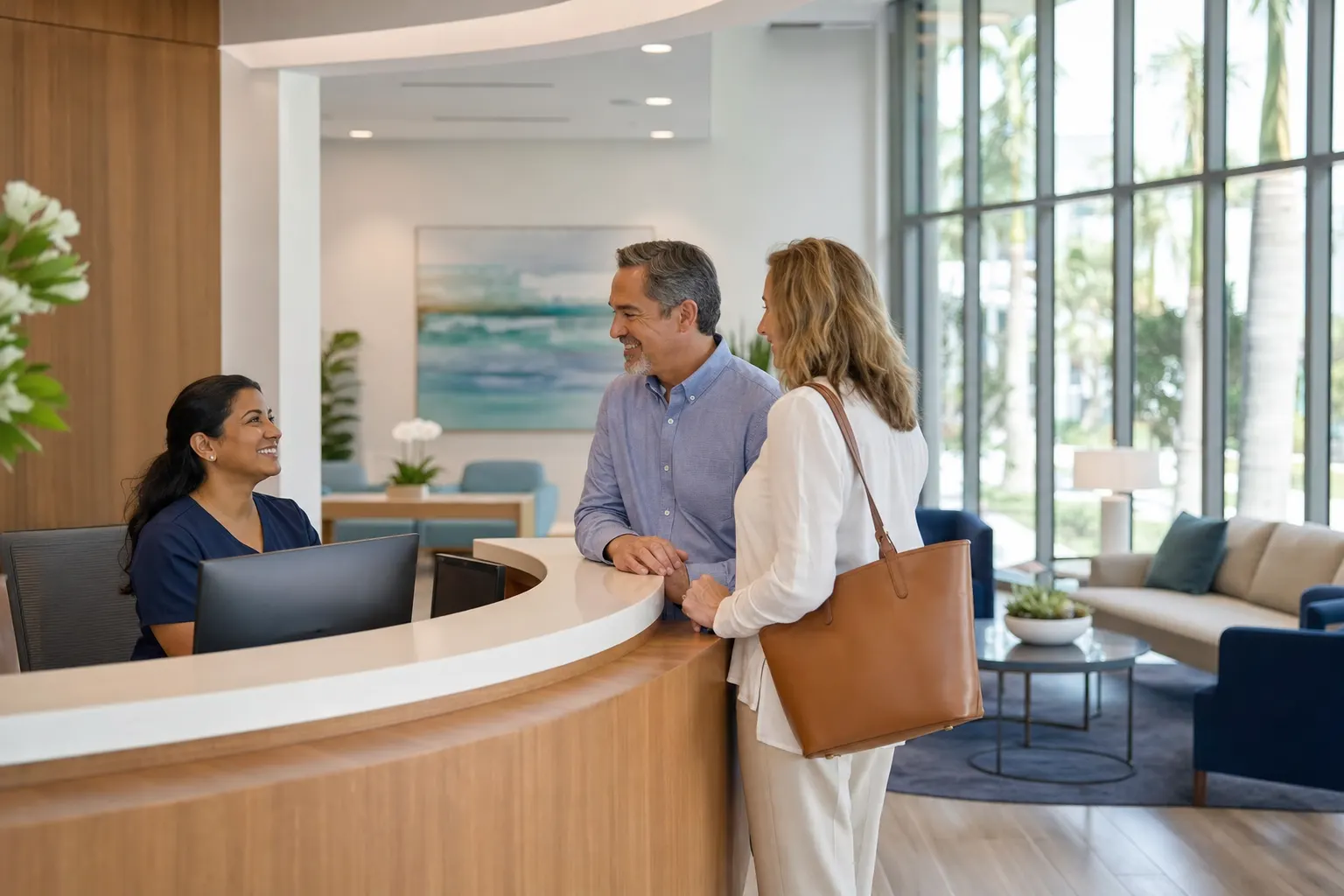 A receptionist welcoming a patient and spouse in a bright surgery center lobby