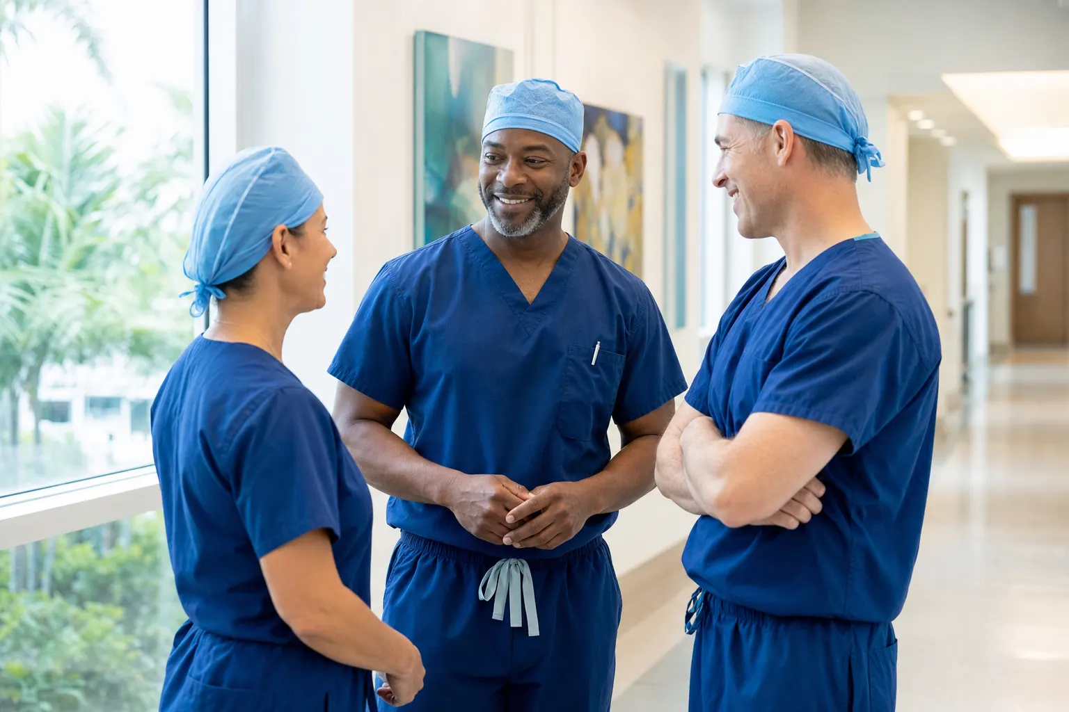 A surgical team talking together in a bright hallway